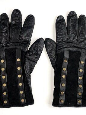 SERMONETA Black Leather & Suede STUDDED GLOVES Cashmere Lined Italy Size 7.5